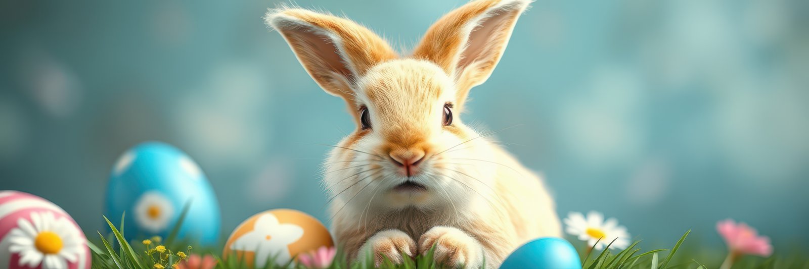 Cute rabbit surrounded by colorful Easter eggs in a vibrant garden setting during springtime